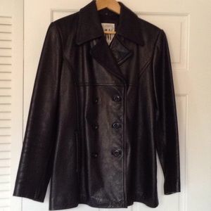 Double breasted leather jacket.